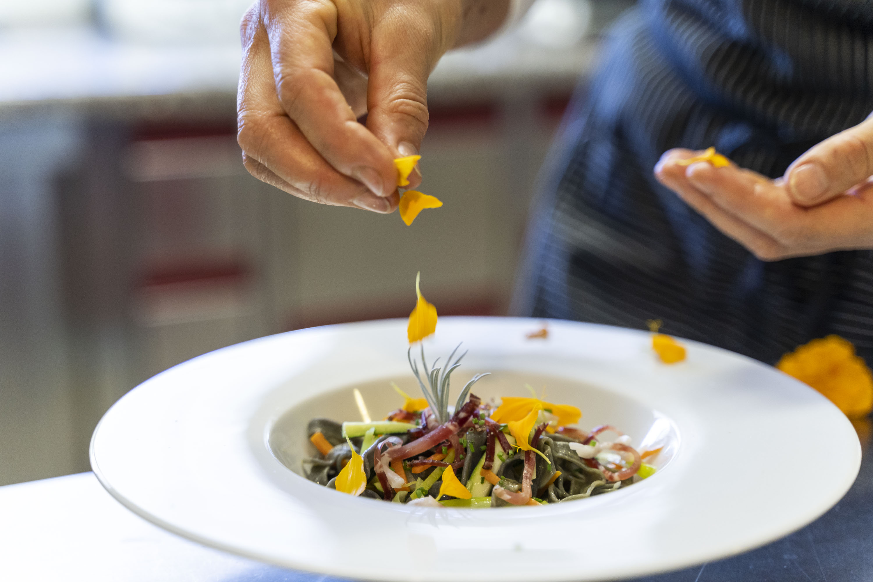 Nahaufnahme einer Hand, die Essen auf einem Teller mit Pasta und Gemüse anrichtet.